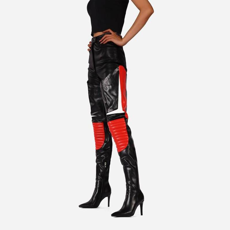 FEINLINA Women's Chic Slender High Heels With Color Matching Knee Length Boots Stiletto Pointed Toe Zipper Closure Colorblock Design Stylish Footwear
