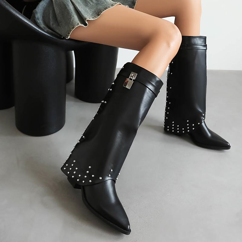 FEINLINA Women's Black Matte Knee-High Boots with Studded Details & Lock Accent Pointed Toe Pull On Style Premium Synthetic Leather gothic  florist witch  boots cowgirl boots