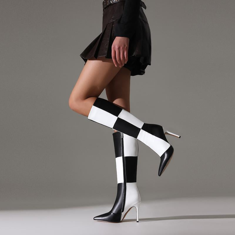 FEINLINA Women's Monochrome Checkered Over-The-Knee Boots with Stiletto Heel & Side Zipper boots for women