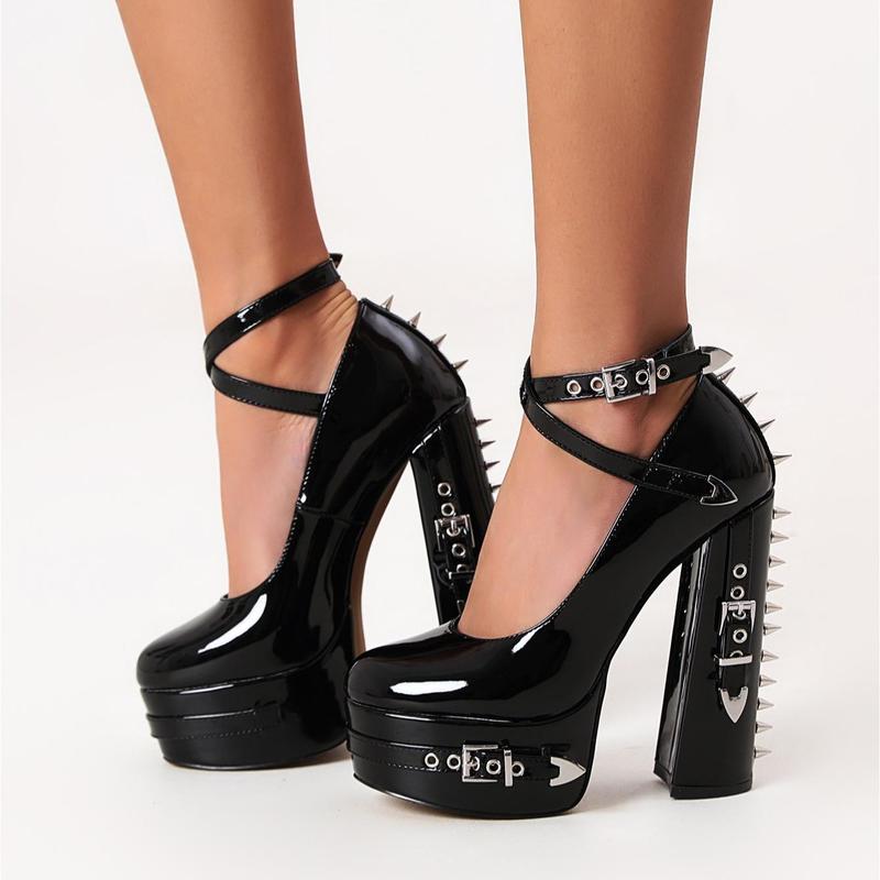 FEINLINA Women's Fashionable Rivet Thick High-Heeled Platform Shoes Black Patent Artificial Leather Ultra High Block Heel Stylish & Elegant Footwear Classy boots for women vivet boots