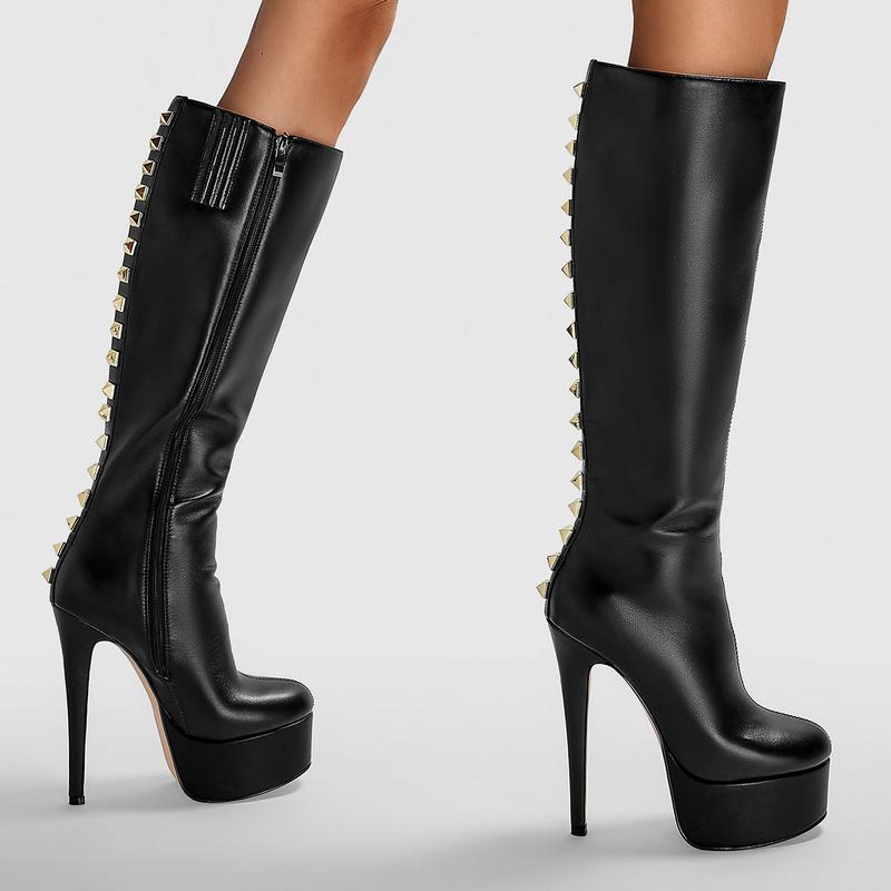 FEINLINA Women's Black Matte Stiletto Boots with Studded Accents Knee-High Platform Heels for Stylish Elegance boots for women vivet boots