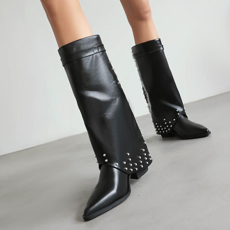 FEINLINA Women's Black Matte Knee-High Boots with Studded Details & Lock Accent Pointed Toe Pull On Style Premium Synthetic Leather gothic  florist witch  boots cowgirl boots