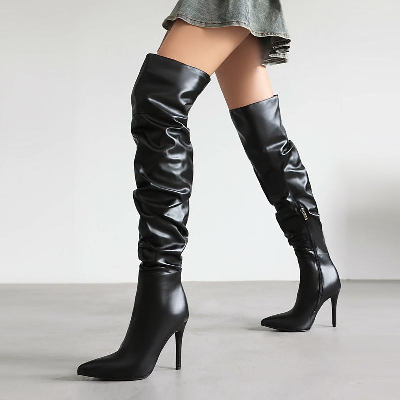 FEINLINA Women's Matte Black Over-The-Knee Stiletto Boots with Side Zipper & Pointed Toe Premium Synthetic Leather Elegant Stiletto Heel Chic Look Footwear boots for girl