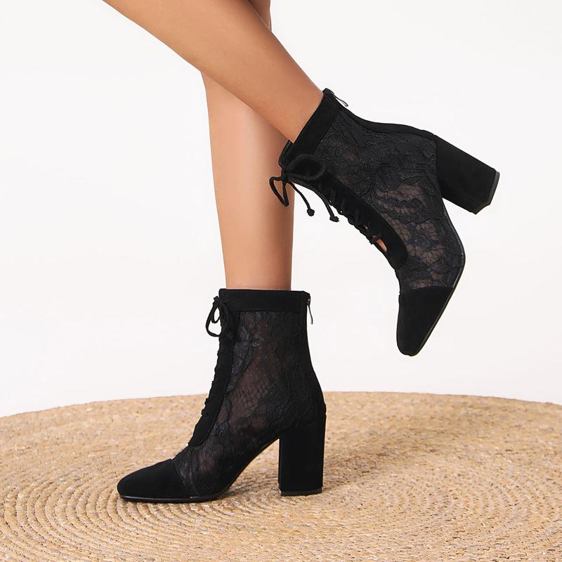 FEINLINA Women's Black Mesh Lace-Up Ankle Boots with Suede Accents and Chunky Block Heel for Stylish Comfort
