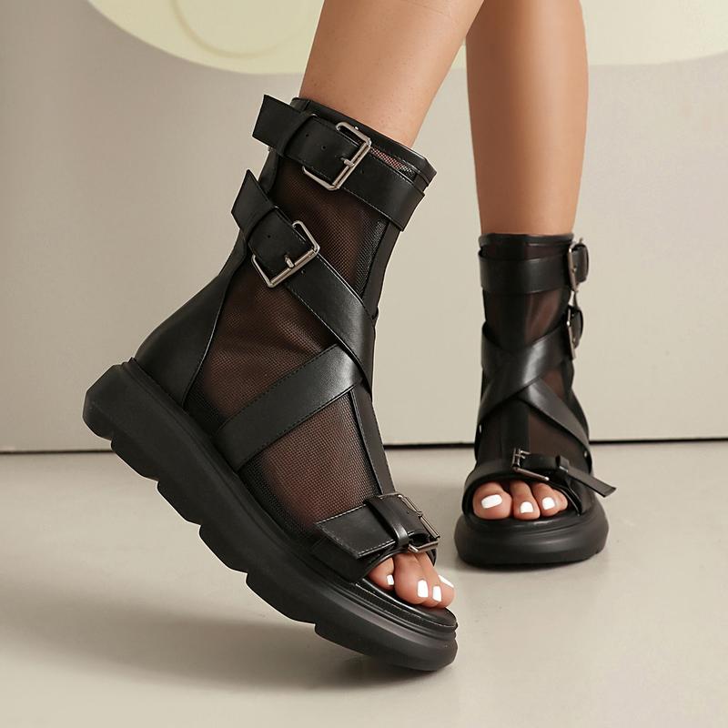 FEINLINA Women's Black Matte Gladiator Ankle Boots, Buckle Strap & Mesh Panels with Chunky Platform