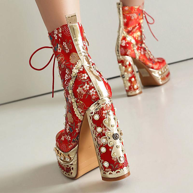 FEINLINA Women's Light Green Rhinestone-Decorated Floral Embellished Fabric Chunky High-Heel Ankle Boots with Ultra High Block Heel & Soft Fabric Lining boots for  women vivet boots