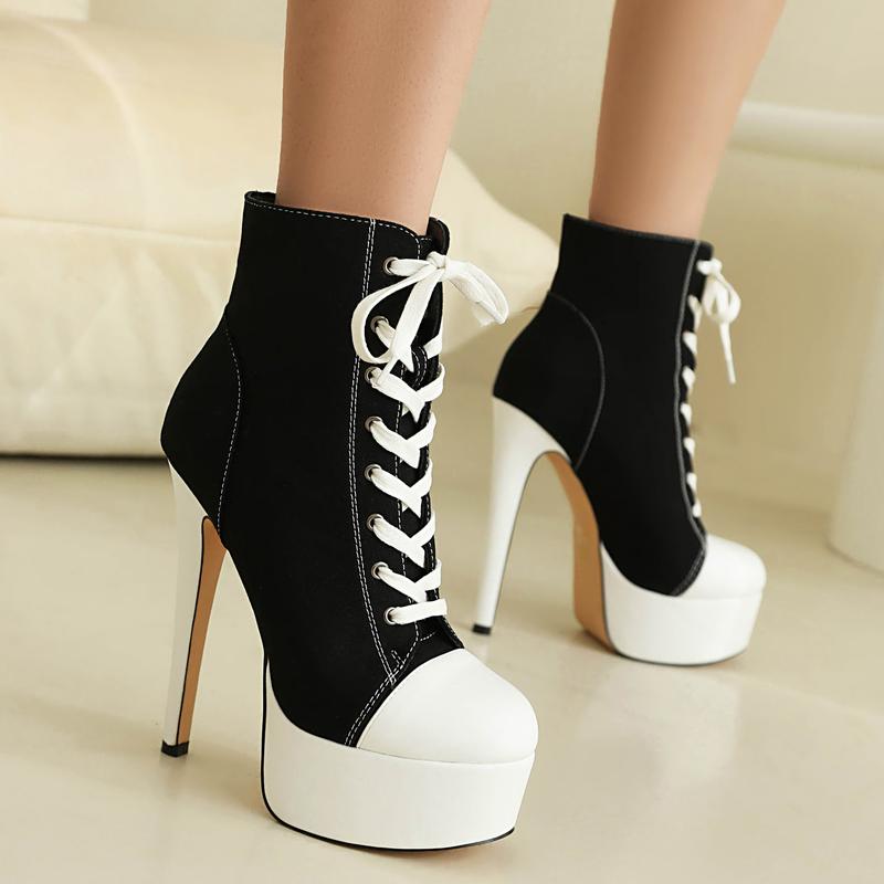 FEINLINA Women's Fashion Round Toe Canvas Lace-up High Platform 15cm Heel Ankle Boots Classic Stylish Walking Shoes Footwear Ballroom boots for women vivet boots