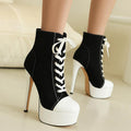 FEINLINA Women's Fashion Round Toe Canvas Lace-up High Platform 15cm Heel Ankle Boots Classic Stylish Walking Shoes Footwear Ballroom boots for women vivet boots
