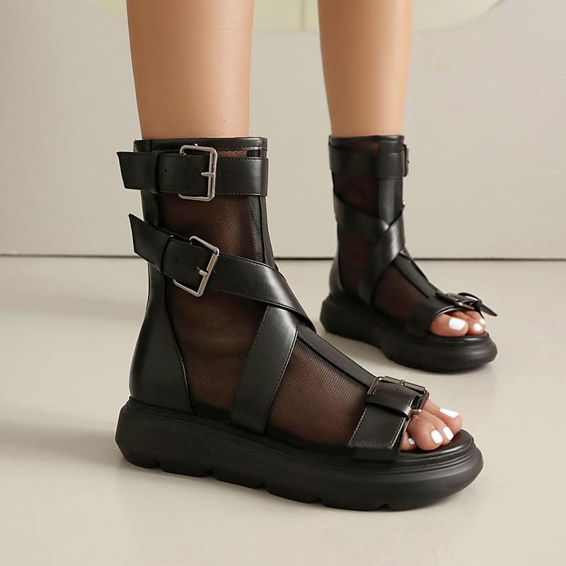 FEINLINA Women's Black Matte Gladiator Ankle Boots, Buckle Strap & Mesh Panels with Chunky Platform
