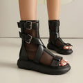 FEINLINA Women's Black Matte Gladiator Ankle Boots, Buckle Strap & Mesh Panels with Chunky Platform
