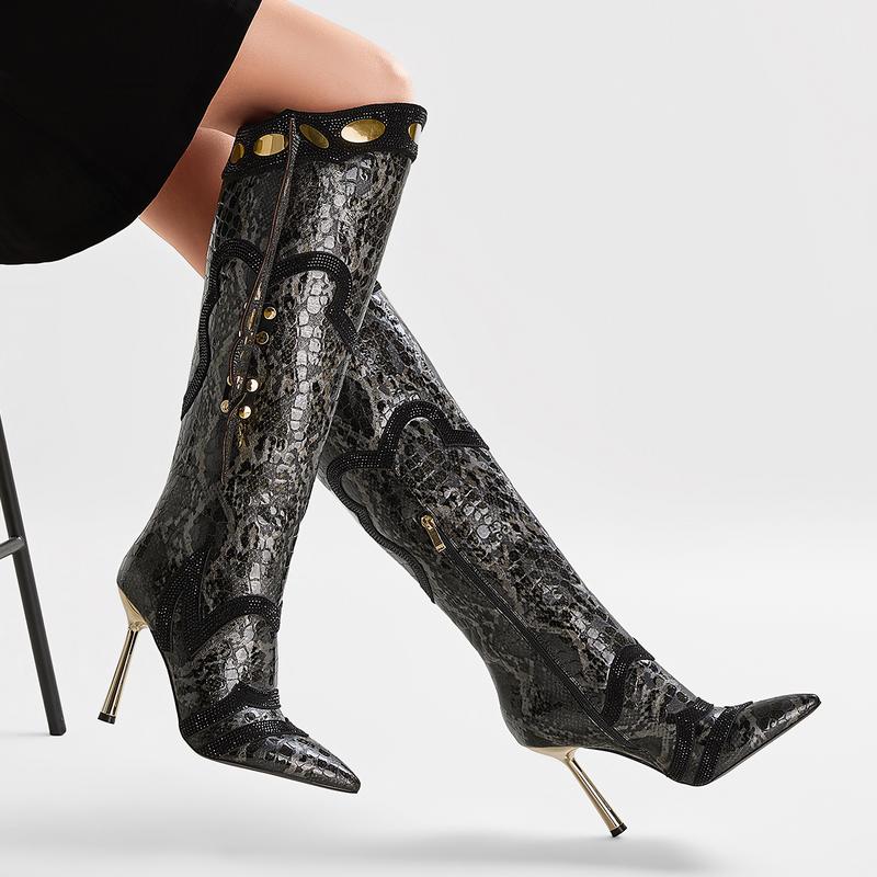 FEINLINA Chic Women's Knee-High Boots with Removable Butterfly Wings Pointed Toe Stiletto Heel Faux Collar Side Zip Closure gothic  florist north  40  outfitters Shoe Walking Shoes Decor Footwear Shoe boots for girl