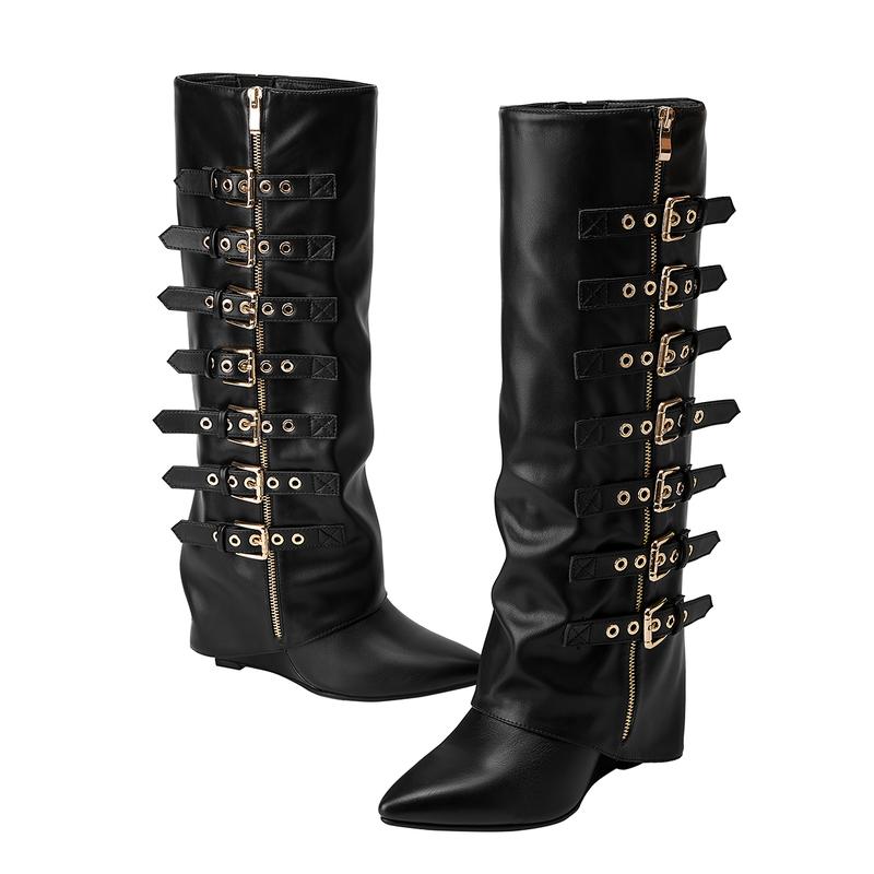 FEINLINA Women's Black Matte  Stiletto Boots with Multi-Strap Harness & Metal Buckles for Casual Wear gothic  florist  long boot Footwear cowgirl boots