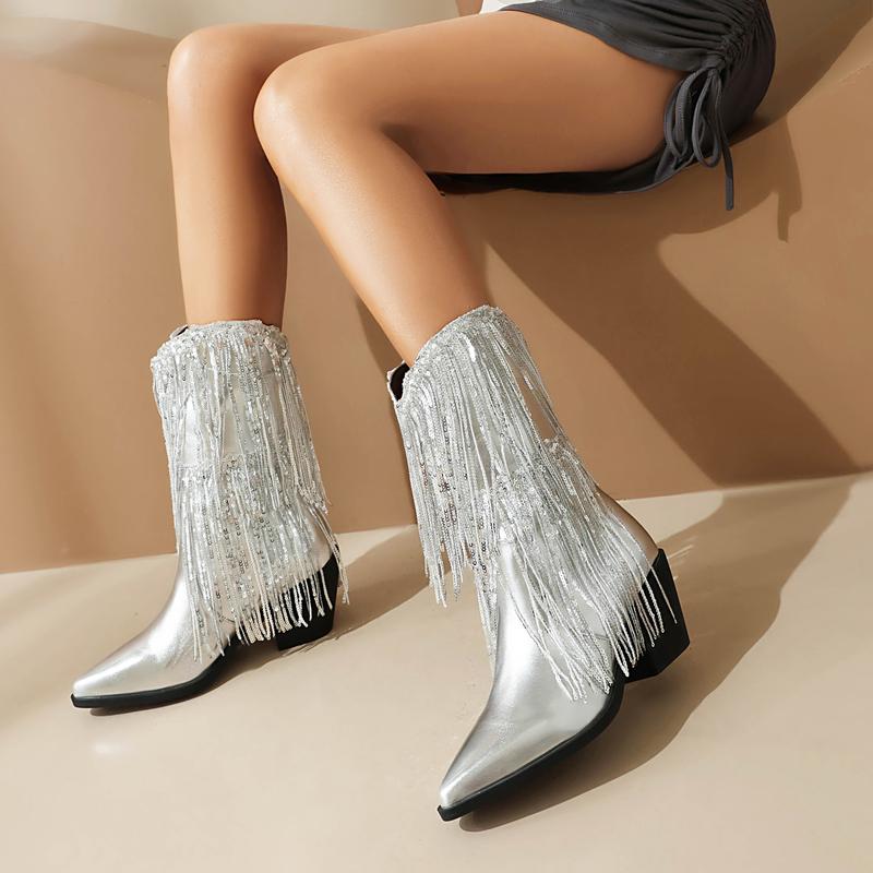 FEINLINA Women's Silver Fringe Cowboy Boots with Sparkly Sequins Pointed Toe High Heel Above The Ankle But Below The Knee Synthetic Leather