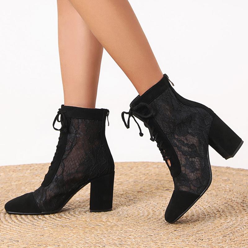 FEINLINA Women's Black Mesh Lace-Up Ankle Boots with Suede Accents and Chunky Block Heel for Stylish Comfort