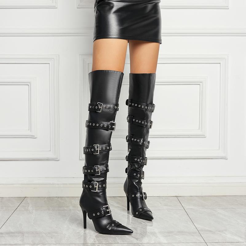 FEINLINA Women's Fashion Stiletto Boots Buckle Strap Pointed Toe Super High Heel Zipper Closed Over-the-Knee Boots for All Seasons - Footwear Western Riding Shoes  boots for women