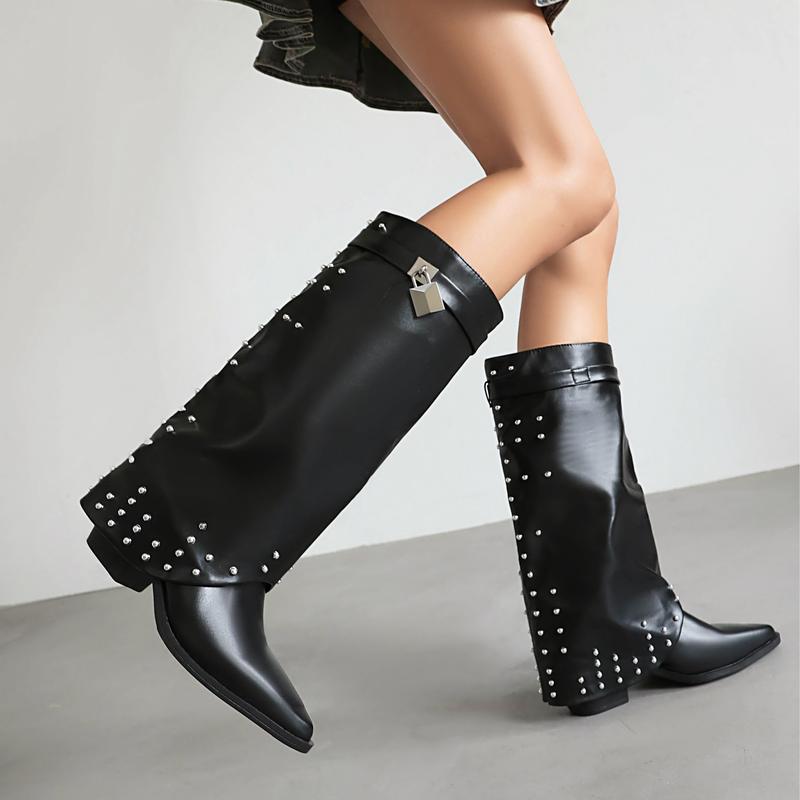 FEINLINA Women's Black Matte Knee-High Boots with Studded Details & Lock Accent Pointed Toe Pull On Style Premium Synthetic Leather gothic  florist witch  boots cowgirl boots