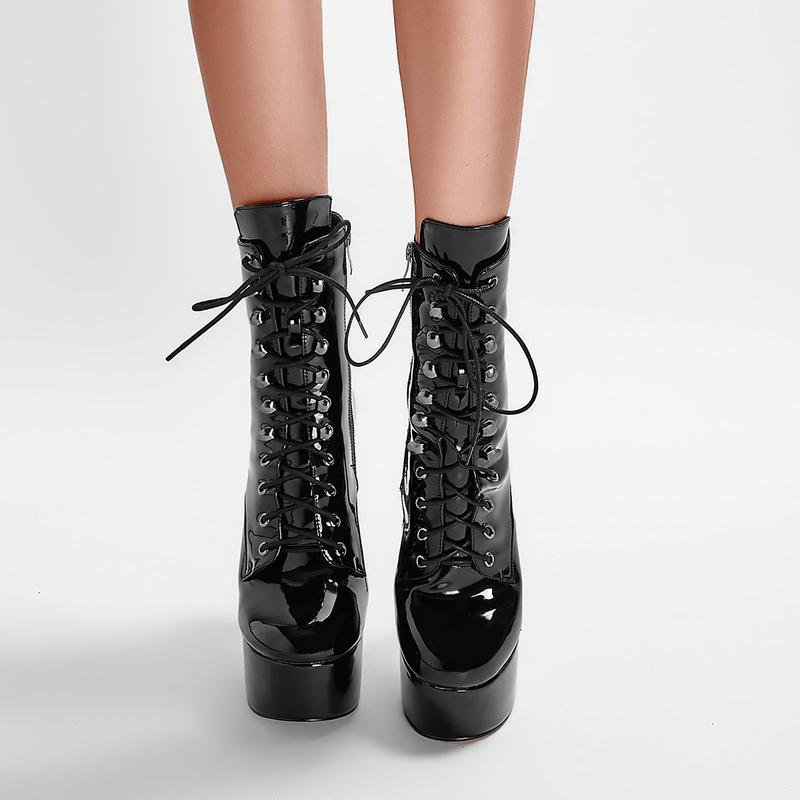 FEINLINA Women's Black Patent Leather Mid-Calf Boots with Lace-Up Front Side Zip & Super High Stiletto Heel for Bold Style boots for women vivet boots