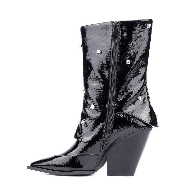FEINLINA Women's Black Patent Leather Mid-Calf Boots with Studded Embellishments and Chunky Block Heel for Edgy-Chic Style boots for women