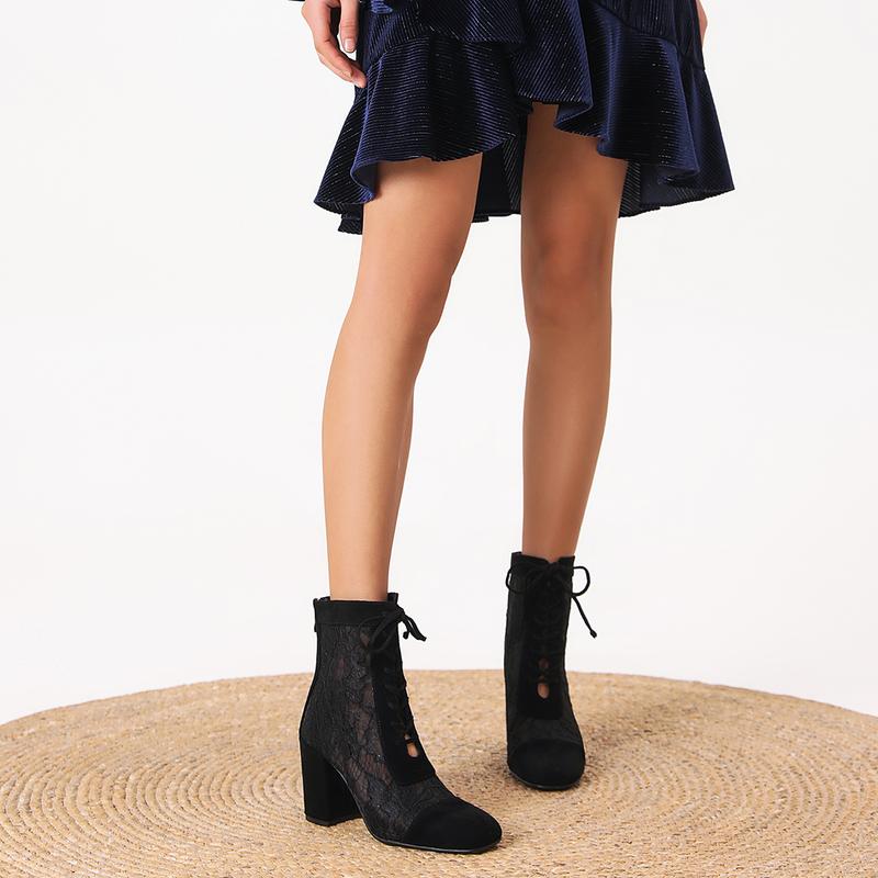 FEINLINA Women's Black Mesh Lace-Up Ankle Boots with Suede Accents and Chunky Block Heel for Stylish Comfort