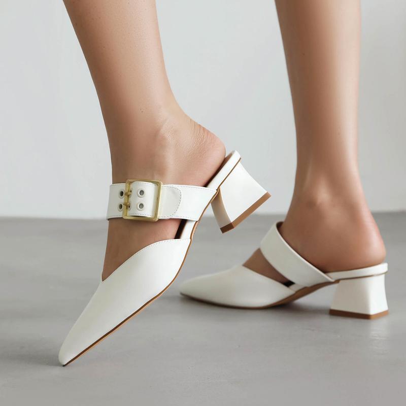 FEINLINA Women's Cream White Pointed Toe Mules Chunky Block Heel Slip-On Slides with Gold-Tone Buckle Strap