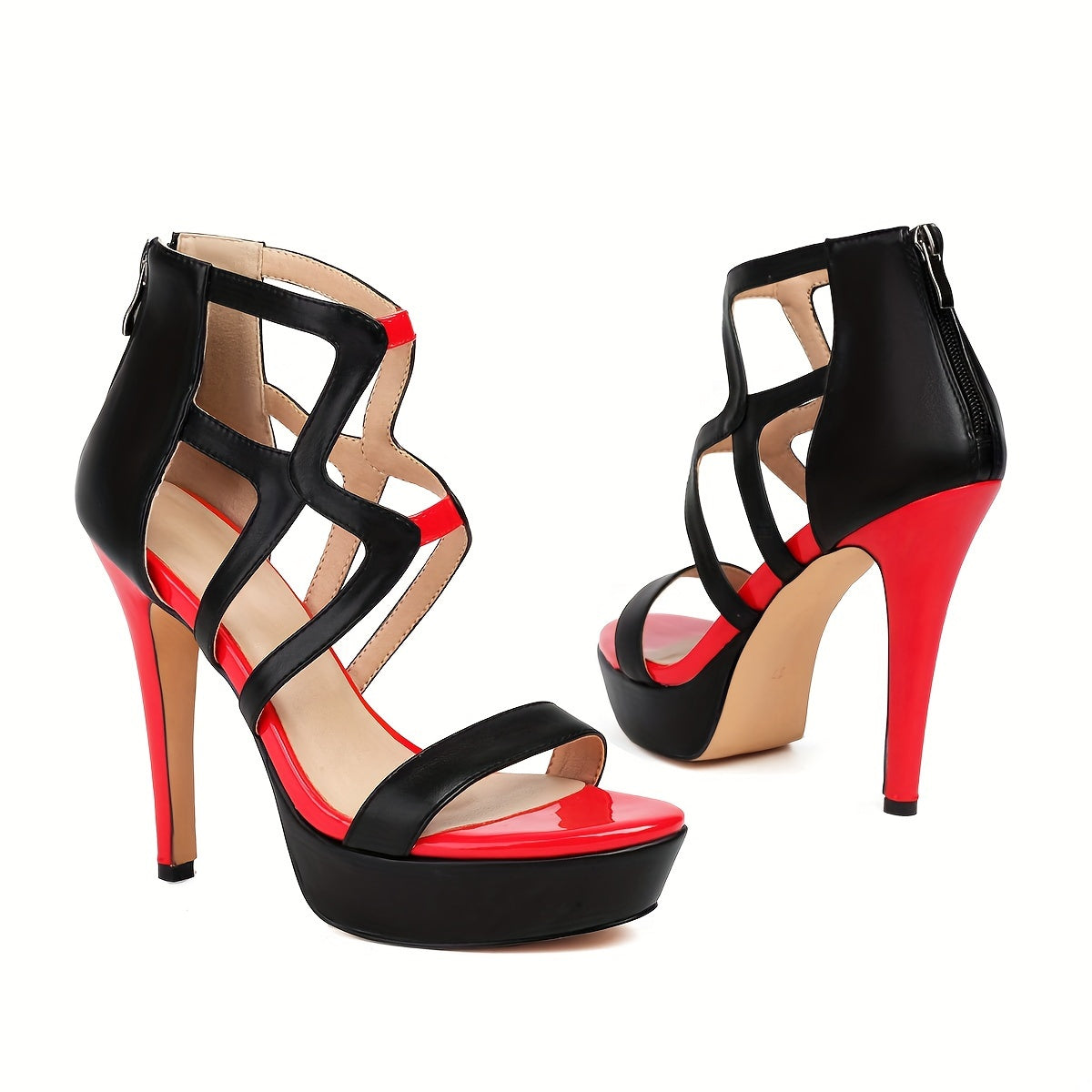 Feinilna Women's Trendy High-Heeled Sandals Featuring a Back Zipper, Cut-Out Design, And Crisscross Straps, Perfect for Summer Parties with a Stylish Two-Tone Color Scheme., Women Shoes