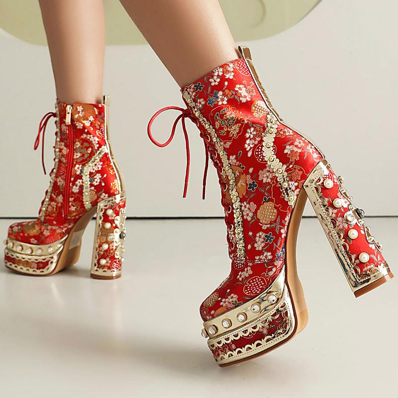 FEINLINA Women's Light Green Rhinestone-Decorated Floral Embellished Fabric Chunky High-Heel Ankle Boots with Ultra High Block Heel & Soft Fabric Lining boots for  women vivet boots