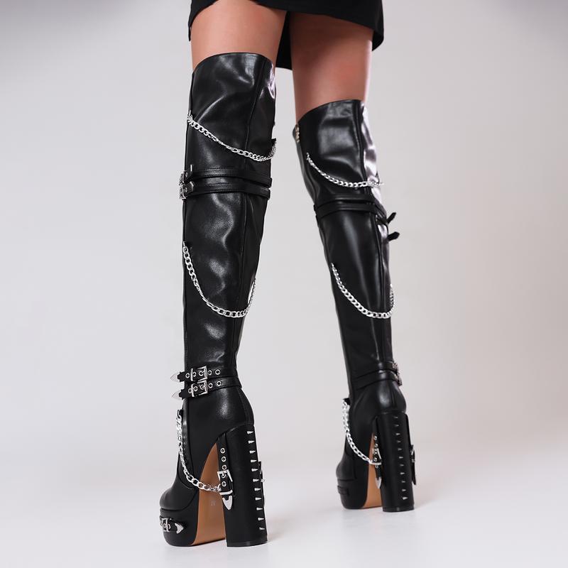 FEINLINA Women's Matte Black Stiletto Boots with Punk Chain Harness & Side Zipper Over-the-Knee Long Boot for Edgy Style Premium Synthetic Leather Footwear boots for women vivet boots