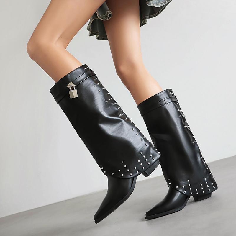 FEINLINA Women's Black Matte Knee-High Boots with Studded Details & Lock Accent Pointed Toe Pull On Style Premium Synthetic Leather gothic  florist witch  boots cowgirl boots