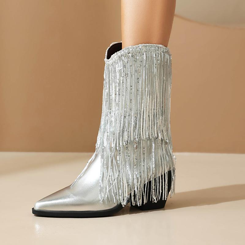 FEINLINA Women's Silver Fringe Cowboy Boots with Sparkly Sequins Pointed Toe High Heel Above The Ankle But Below The Knee Synthetic Leather