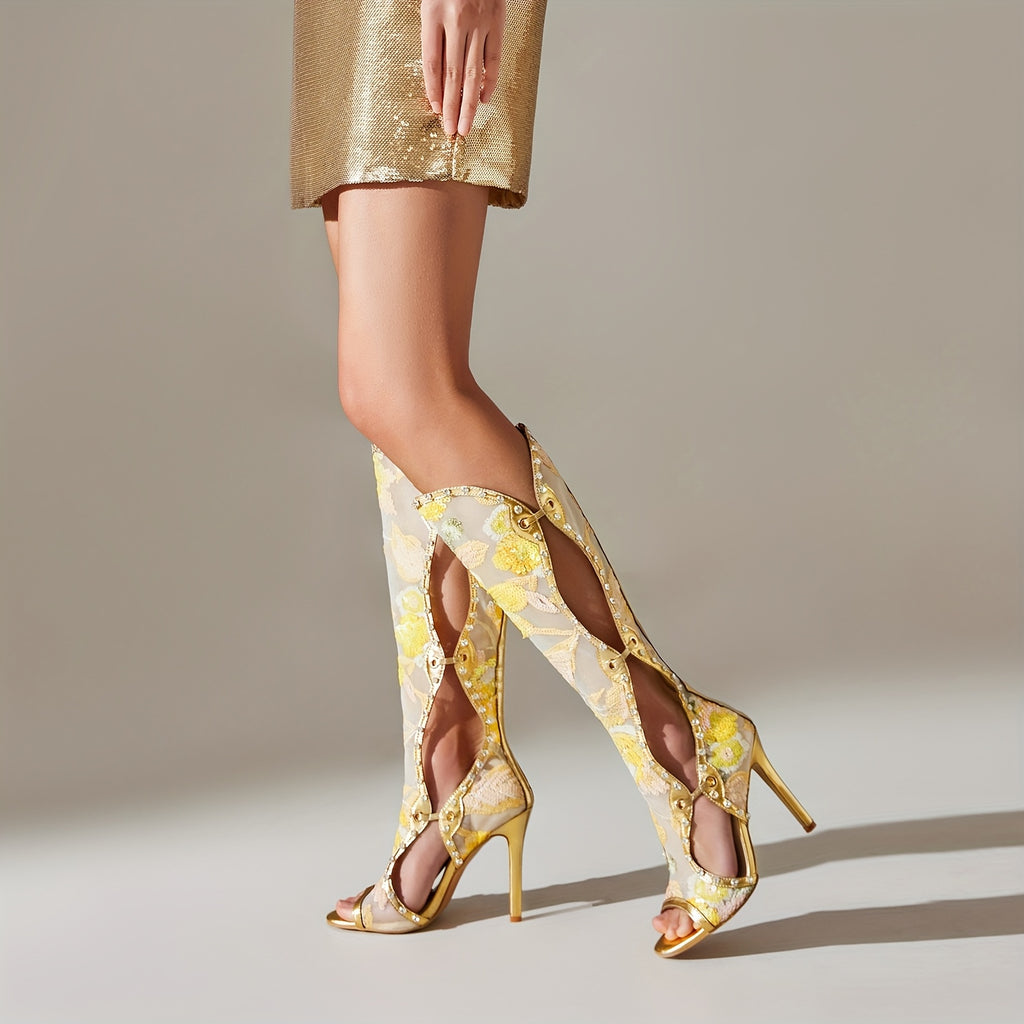Boots Artificial Diamond Decorative Edge Chiffon Exposed Toe Super High Heels Knee High Boots