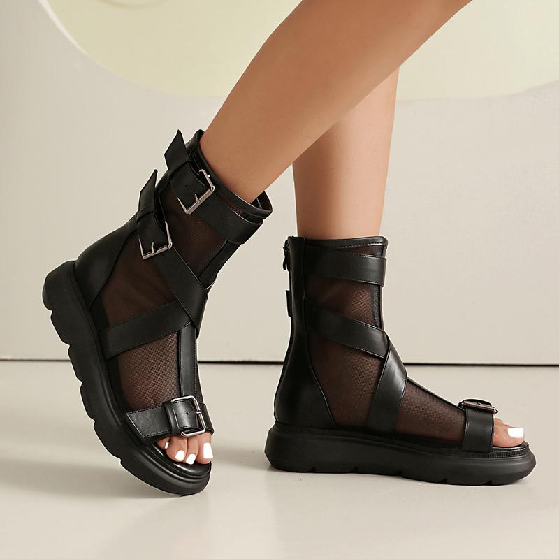 FEINLINA Women's Black Matte Gladiator Ankle Boots, Buckle Strap & Mesh Panels with Chunky Platform