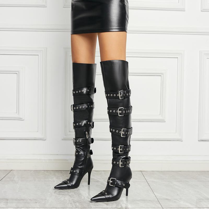 FEINLINA Women's Fashion Stiletto Boots Buckle Strap Pointed Toe Super High Heel Zipper Closed Over-the-Knee Boots for All Seasons - Footwear Western Riding Shoes  boots for women