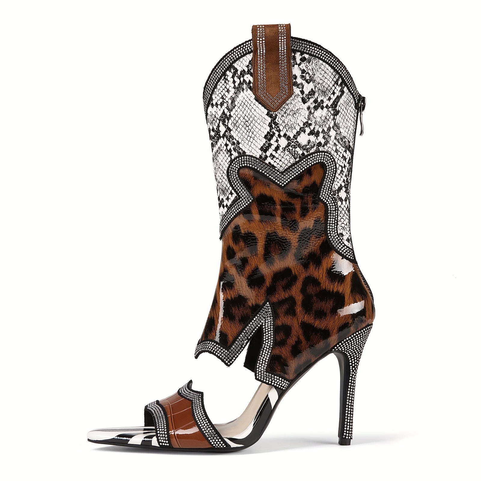 Thin High-Heeled Leopard Print Snake Pattern Patchwork Rhinestone Sandals