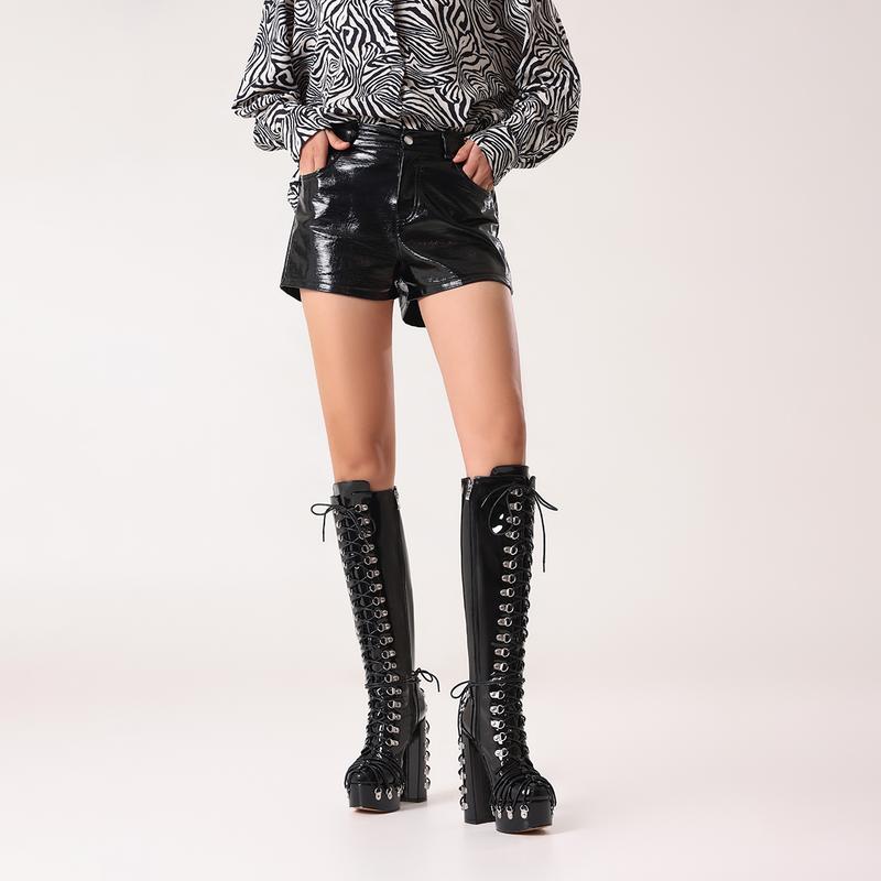 FEINLINA Women's Gothic Punk Style Knee-High PU Platform Boots with Chunky Ultra High Block Heel & Spiked Buckle Zipper Closure Black boots for women vivet boots