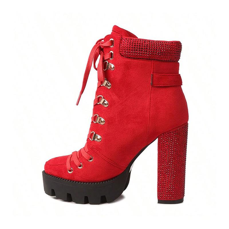 FEINLINA Women's Red Suede Chunky Heel Ankle Boots with Lace-Up Detail Rhinestone Accent & Platform Sole gothic  florist vivet boots