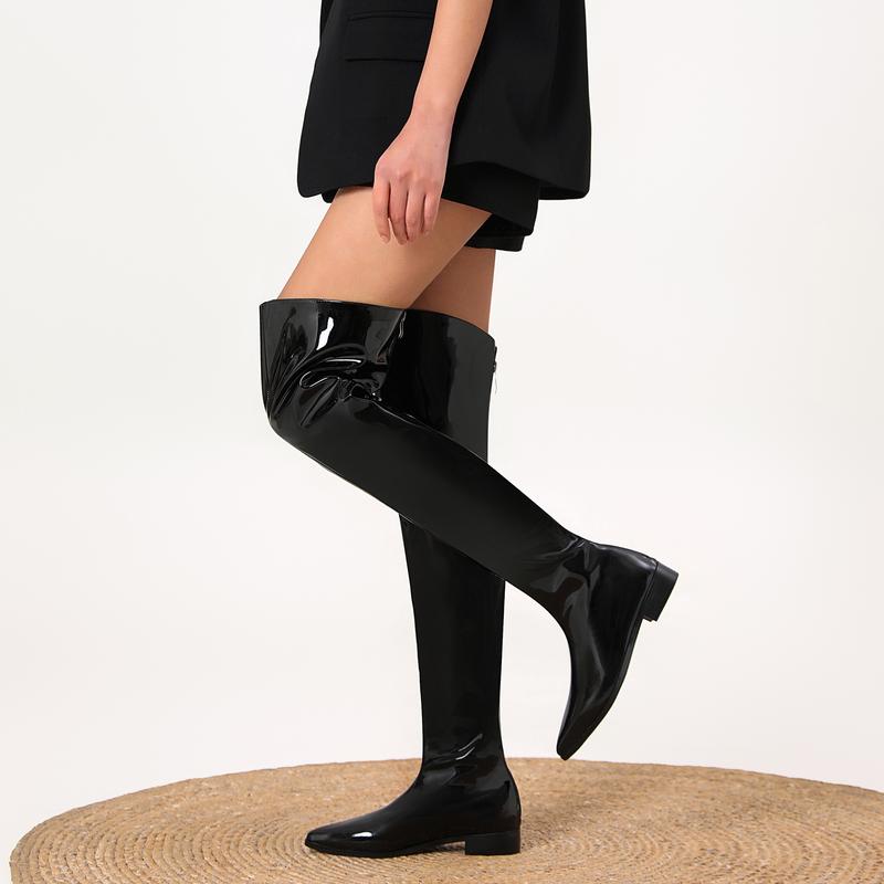 FEINLINA Women's Black Patent Leather Over-the-Knee Boots with Pointed Toe Low Block Heel  Zipper Closure Stylish & Comfortable