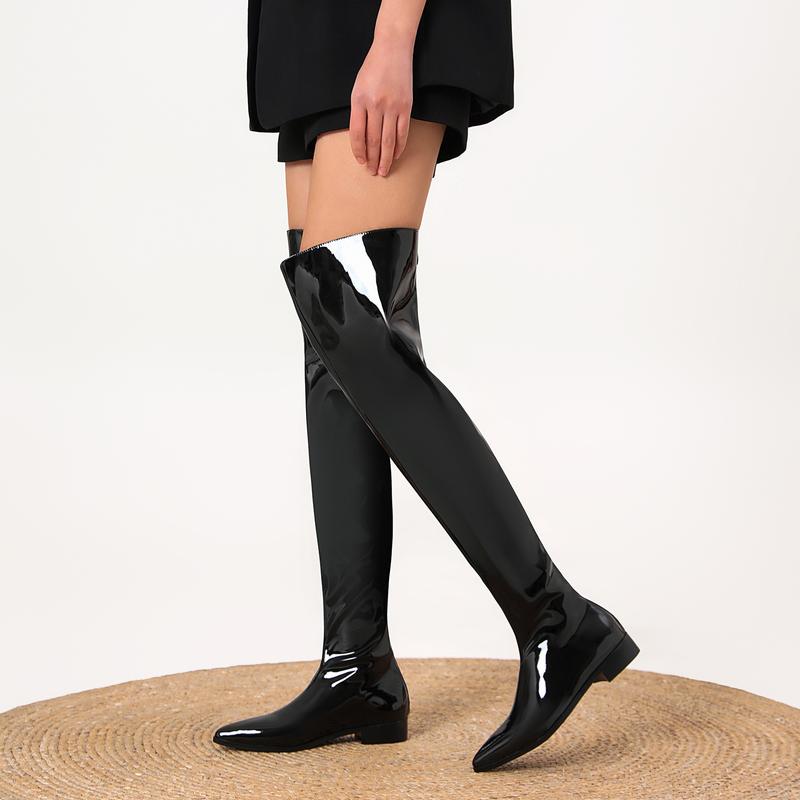 FEINLINA Women's Black Patent Leather Over-the-Knee Boots with Pointed Toe Low Block Heel  Zipper Closure Stylish & Comfortable