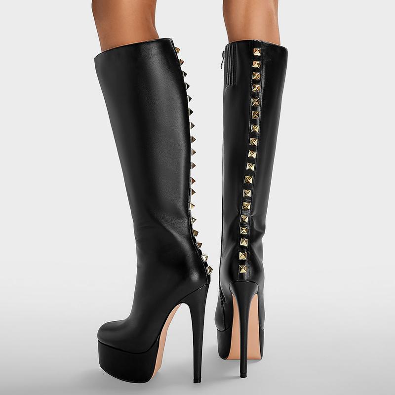 FEINLINA Women's Black Matte Stiletto Boots with Studded Accents Knee-High Platform Heels for Stylish Elegance boots for women vivet boots