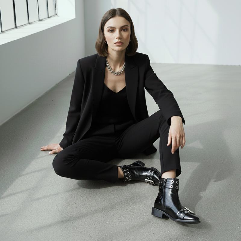 FEINLINA Women's Black Patent Leather Ankle Boots with Metal Buckle Strap Side Zipper Pointed Toe Stylish & Comfortable witch  boots