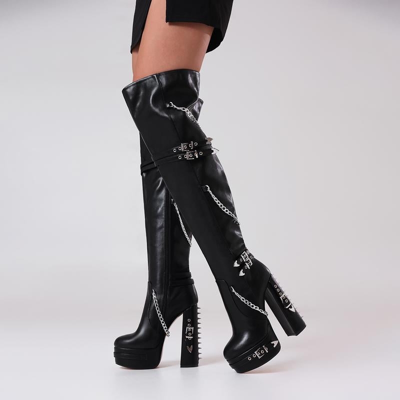 FEINLINA Women's Matte Black Stiletto Boots with Punk Chain Harness & Side Zipper Over-the-Knee Long Boot for Edgy Style Premium Synthetic Leather Footwear boots for women vivet boots