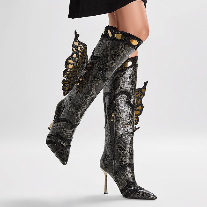 FEINLINA Chic Women's Knee-High Boots with Removable Butterfly Wings Pointed Toe Stiletto Heel Faux Collar Side Zip Closure gothic  florist north  40  outfitters Shoe Walking Shoes Decor Footwear Shoe boots for girl