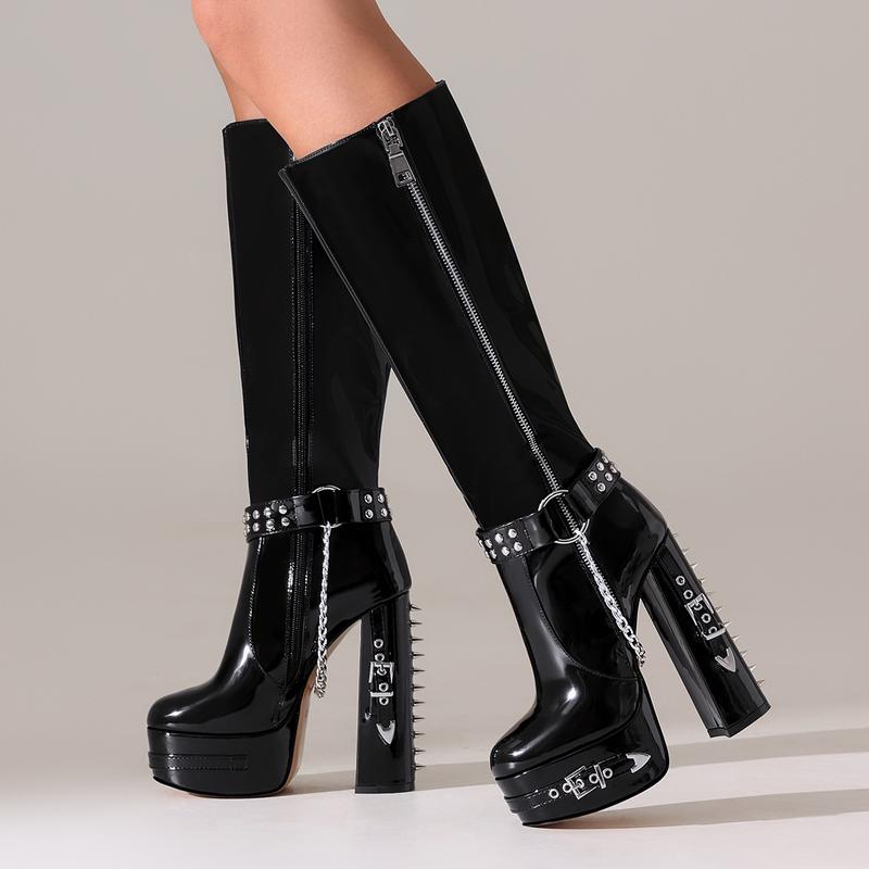 FEINLINA Women's Black Patent Leather Knee-High Boots with Punk Spike Heel & Chain Decorations vivet boots Girl Footwear