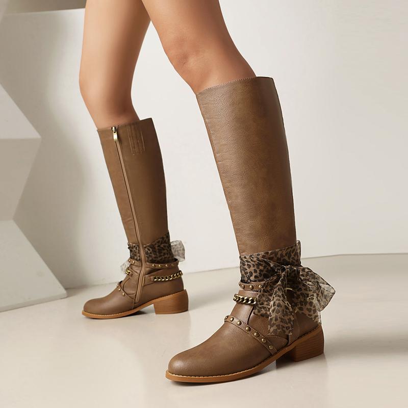 FEINLINA Women's Brown Court Style Round Toe Mid-Calf Boots with Platform Flat Heel & Side Zipper Walking Shoes Bridal Artificial Leather Footwear cowgirl boots